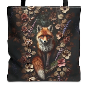 Fox Bag, Vintage Woodland Purse Rustic Floral Fox Bag Forestcore Aesthetic Cottagecore Gift for Her Nature-Inspired Tote Boho Shopping Bag