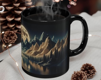 Mountain Mug Tree Mug PRINTED WOOD Coffee Mug Wood Panel Effect Tea Mug Carved Wood Trees Wooden Mountain Tea Cup Pine Tree Carved Mug Moon