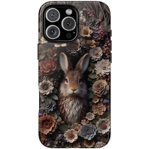Bunny Phone Case - Floral Cottagecore Aesthetic, Faux Wood & Botanical Design, iPhone 16, MagSafe, Samsung Galaxy S25, Pixel 9, Spring Gift