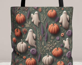 Geist Tragetasche - Halloween Geschenk Tasche | Kürbis Tasche | Cottagecore Tasche | Süßes oder Saures Tragetasche | Gruseliges Herbst Design | Eco freundliche Tasche
