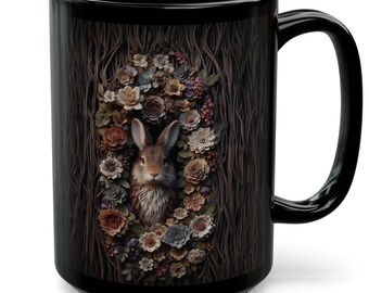 Mug lapin des bois Cottagecore tasse à café | à thé floral animal de la forêt | Cadeau esthétique confortable pour maman | Cadeau pour amoureux des lapins inspiré de la nature