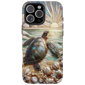 Stained Glass Sea Turtle Phone Case, Faux Glass Mosaic Ocean Design Cover, iPhone 16 MagSafe, Samsung S25, Pixel 9, Cute Ocean Lover Gift