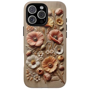 Wildflower Faux Wood Phone Case, Boho Cottagecore Floral Cover, 3D Carved Flower Look, iPhone 16 MagSafe, Galaxy S25, Pixel 9, Gift for Her