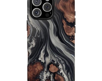 Faux Wood Resin Phone Case: Black Brown Swirl Design | iPhone 17 16 15 14 | Samsung Galaxy S26 S25 | Pixel 9 | Slim, Tough, MagSafe Options