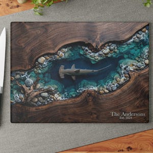 Personalized Hammerhead Shark Cutting Board | Faux Wood Resin Ocean Glass Cutting Board | Coastal Kitchen Decor | Shark Serving Board