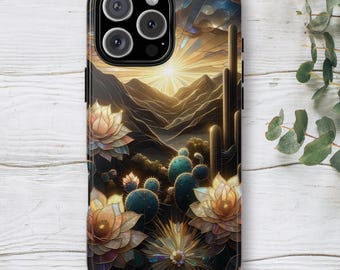 Cactus Desert Sunset Phone Case: Faux Stained Glass Southwest Cover for iPhone 17/16, Galaxy S26/S25, Pixel 9 in MagSafe or Tough