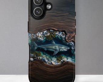 Great White Shark Phone Case | Faux Wood Resin Ocean Case | iPhone 17 16 15 Samsung S26 S25 S24 Google Pixel Marine Life