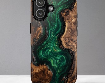 Emerald River Phone Case - Faux Walnut Resin Design, Luxury River Table Case, iPhone 17 16 15, Samsung S26 S25, Pixel 9