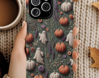 Ghost Phone Case – Cute Halloween Case with Pumpkins & Florals | iPhone 17, Galaxy S25, Pixel 9 | MagSafe, Slim, Tough | Fall Phone Case