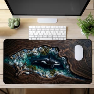 May include: A rectangular desk mat featuring a high-resolution print of a black and white orca swimming in a clear blue pool of water surrounded by smooth river stones, green aquatic plants, and a piece of driftwood, all set within a dark wood grain.
