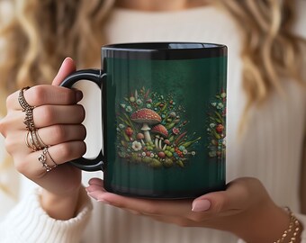 Mushroom Coffee Mug, 11oz & 15oz Black Ceramic Cup, Cottagecore Toadstool Mug, Nature Lover Gift, BPA Free, Microwave and Dishwasher Safe