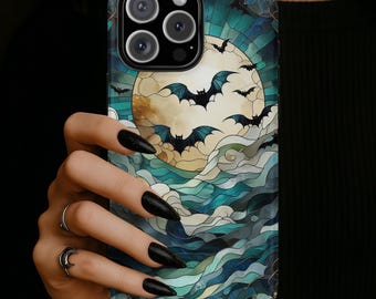 Spooky Phone Case – Halloween Moon & Bats | Faux Stained Glass | iPhone 17, 16, 15, 14, Galaxy S25, S24, Pixel 9 | Tough, MagSafe, Slim Case