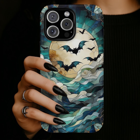 Spooky Phone Case – Halloween Moon & Bats | Faux Stained Glass | iPhone 17, 16, 15, 14, Galaxy S25, S24, Pixel 9 | Tough, MagSafe, Slim Case