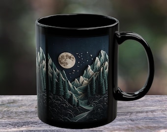 Månbelyst bergslandskapsmugg - svart keramisk kaffekopp - gåva för naturälskare, äventyrsinspirerad dricksglas, Cottagecore-stil