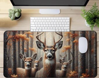 Rustic Deer Desk Mat & Mouse Pad - Oil Painting Style Woodland Decor, Perfect for Home Office, Crafting, Gaming, and Nature-Inspired Gift
