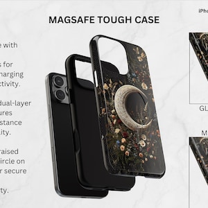Może przedstawiać: Etui ochronne MagSafe do modeli iPhone o dwuwarstwowej konstrukcji z wypukłym okręgiem MagSafe z tyłu. Etui posiada ciemny wz&oacute;r kwiatowy z grafiką p&oacute;łksiężyca. Dostępne w wykończeniu błyszczącym oraz matowym.