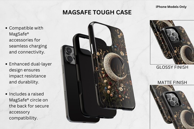 Może przedstawiać: Etui ochronne MagSafe do modeli iPhone o dwuwarstwowej konstrukcji z wypukłym okręgiem MagSafe z tyłu. Etui posiada ciemny wz&oacute;r kwiatowy z grafiką p&oacute;łksiężyca. Dostępne w wykończeniu błyszczącym oraz matowym.