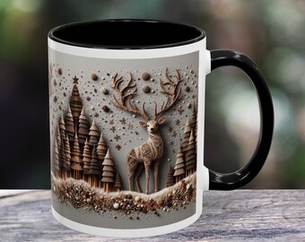 Rustik mugg med hjortskog, konstgjord träskogsdesign, mysig present till djur-, äventyrs- eller naturälskare, unik kaffekopp för högtider