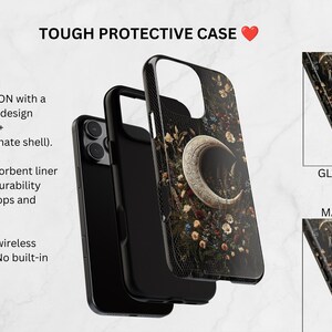 Może przedstawiać: Dwuwarstwowe etui na telefon z p&oacute;łksiężycem otoczonym kolorowymi kwiatami na czarnym tle. Tekst zawiera napisy TOUGH PROTECTIVE CASE, MAXIMUM PROTECTION, shock-absorbent liner, supports wireless charging, GLOSSY FINISH oraz MATTE FINISH.