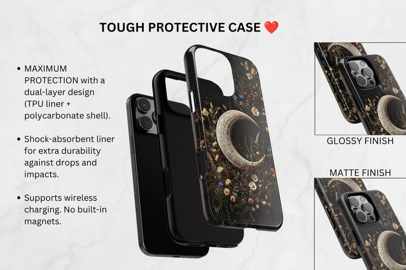 Może przedstawiać: Dwuwarstwowe etui na telefon z p&oacute;łksiężycem otoczonym kolorowymi kwiatami na czarnym tle. Tekst zawiera napisy TOUGH PROTECTIVE CASE, MAXIMUM PROTECTION, shock-absorbent liner, supports wireless charging, GLOSSY FINISH oraz MATTE FINISH.