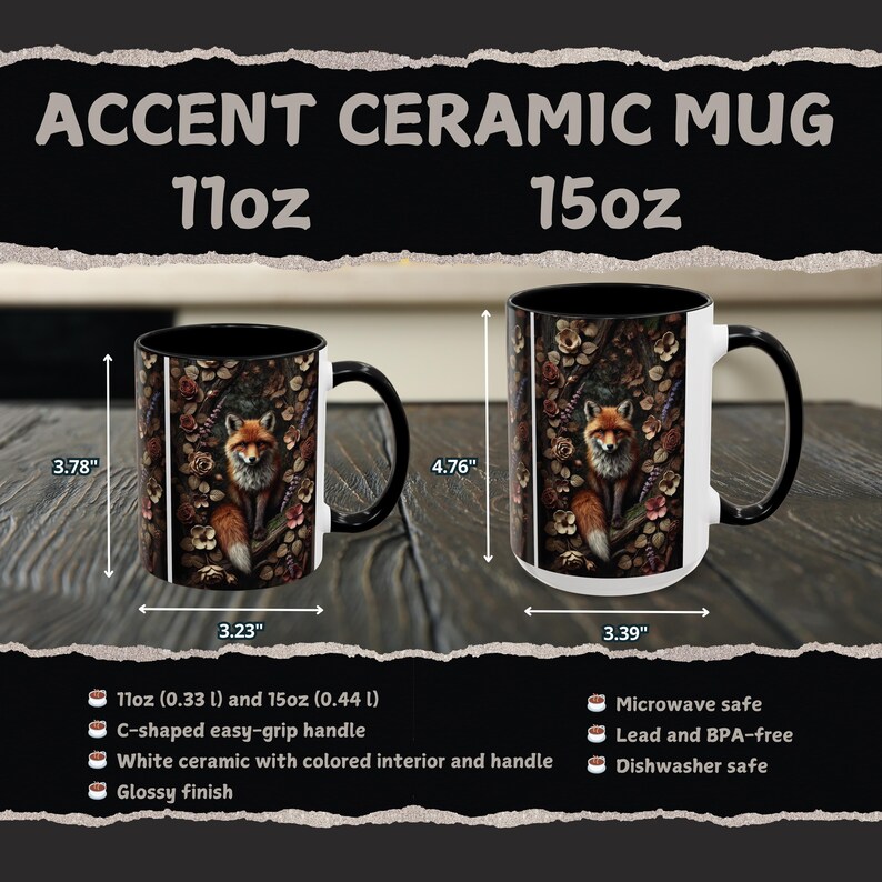 Op de afbeelding: Twee keramische mokken met zwarte randen en handvatten. De mokken hebben een vos-illustratie met een bloemige achtergrond. De mokken zijn verkrijgbaar in de maten 11oz en 15oz. De mokken zijn geschikt voor de magnetron, lood- en BPA-vrij en vaatwasmachinebestendig.