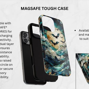 May include: A Magsafe tough case with a unique design featuring a full moon, bats, and ocean waves in shades of teal, blue, and beige. The case is shown in glossy and matte finishes.