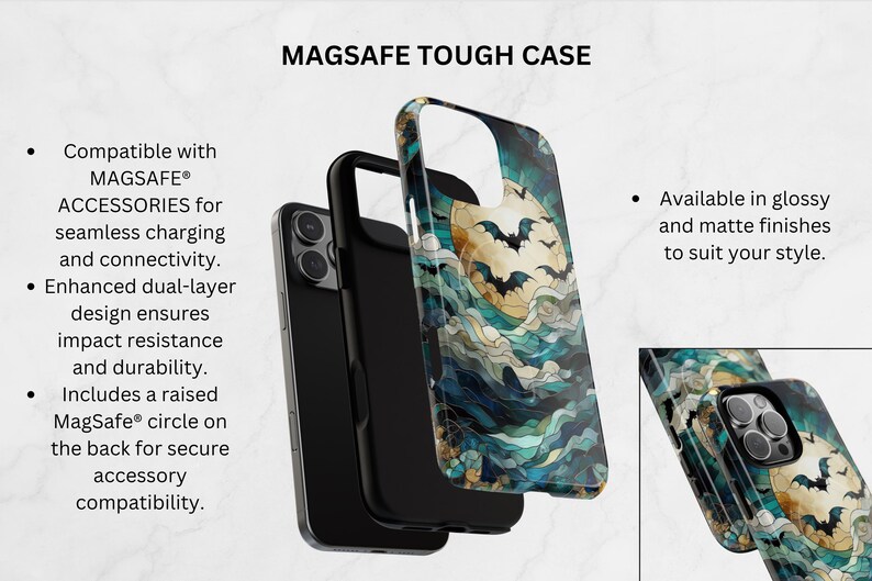 May include: A Magsafe tough case with a unique design featuring a full moon, bats, and ocean waves in shades of teal, blue, and beige. The case is shown in glossy and matte finishes.