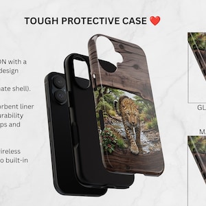 May include: A tough protective phone case featuring a leopard in a forest setting on the back. The case has a dual-layer design with a black TPU liner and a hard outer shell. Text includes TOUGH PROTECTIVE CASE, MAXIMUM PROTECTION, and GLOSSY/MATTE FINISH.