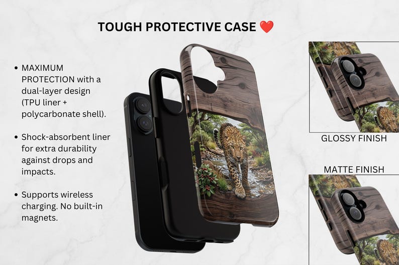 May include: A tough protective phone case featuring a leopard in a forest setting on the back. The case has a dual-layer design with a black TPU liner and a hard outer shell. Text includes TOUGH PROTECTIVE CASE, MAXIMUM PROTECTION, and GLOSSY/MATTE FINISH.