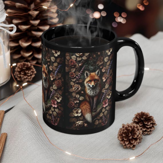 Fox Mug with Woodland Floral Design, 11oz & 15oz Ceramic Coffee Mug, BPA-Free, Microwave and Dishwasher Safe Accent Mug for Nature Lovers