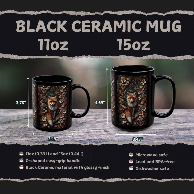 Op de afbeelding: Twee zwarte keramische mokken met een vos-ontwerp. De mokken zijn 11oz en 15oz. De mokken zijn geschikt voor de magnetron, loodvrij en BPA-vrij, en vaatwasmachinebestendig.
