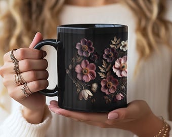 Floral Black Ceramic Coffee Mug, 11oz or 15oz, Microwave & Dishwasher Safe, BPA-Free Tea Mug, Boho Cottagecore Gift for Her or Nature Lovers