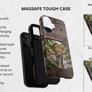 May include: A MagSafe tough case for iPhone models featuring a dual-layer design with a wood grain pattern and a leopard graphic. The case includes a raised MagSafe circle on the back for accessory compatibility, available in glossy or matte finishes.