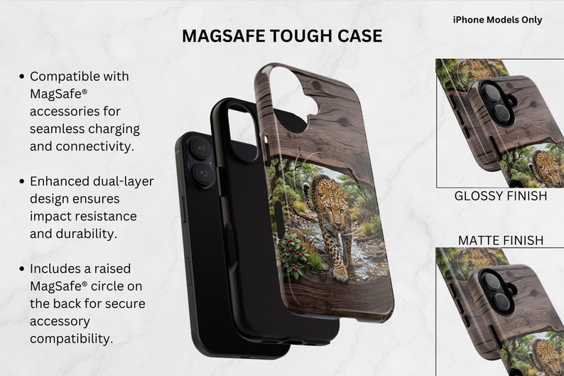 May include: A MagSafe tough case for iPhone models featuring a dual-layer design with a wood grain pattern and a leopard graphic. The case includes a raised MagSafe circle on the back for accessory compatibility, available in glossy or matte finishes.