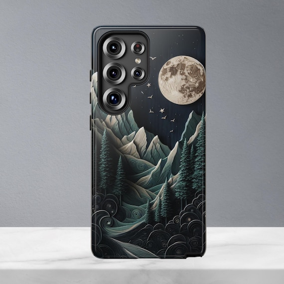 Samsung Galaxy Phone Case - Faux Carved Wood Moonlit Mountain, S25, S24, S23, S22, S21, S20, Ultra, Plus, FE, E, +, iPhone & Pixel Options Samsung Galaxy Phone Case - Faux Carved Wood Moonlit Mountain, S25, S24, S23, S22, S21, S20, Ultra, Plus, FE, E, +, iPhone & Pixel Options