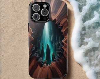 Resin Epoxy Phone Case – Faux Wood & Blue Live Edge Ocean Design | MagSafe | iPhone 17 16 15 14 Pro Max, Galaxy S25, Pixel 9 | Gift for Dad