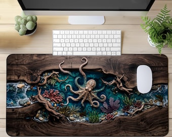 Bläckfisk skrivbordsmatta | Konstträharts tidvattenpooldesign | Förlängd spelmusmatta | Skrivbordsdekoration vid havet | Arbetsplatsmatta vid kusten
