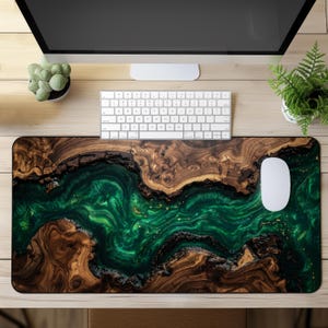 Emerald River Resin Desk Mat | Faux Walnut Wood Epoxy Mouse Pad | Large Office Desk Pad | Gaming Desk Mat | Rustic Office Decor