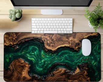 Alfombrilla de escritorio de resina Emerald River / Alfombrilla de ratón de epoxi imitación madera de nogal / Alfombrilla de escritorio grande para oficina / Alfombrilla para escritorio de juegos / Decoración rústica para la oficina