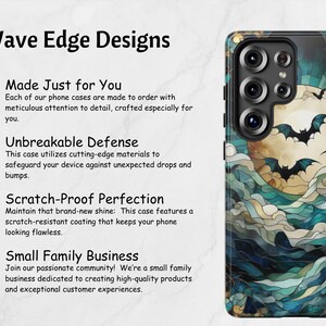 May include: A phone case with a Halloween theme. The design features a full moon, bats, and a stained-glass effect in shades of blue, green, and gold. The case has a black camera module.