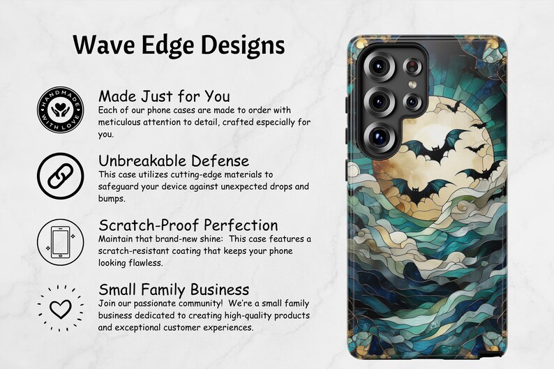 May include: A phone case with a Halloween theme. The design features a full moon, bats, and a stained-glass effect in shades of blue, green, and gold. The case has a black camera module.