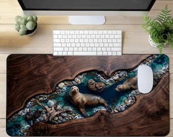 Sea Lion Desk Mat | Faux Wood Resin Ocean Design | Extended Gaming Mouse Pad | Coastal Office Desk Decor | Marine Wildlife Workspace Mat