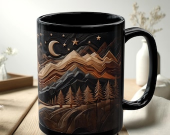 Bergmok - rustieke koffiemok | Cadeau maanliefhebber | Theekop natuurliefhebber | Gezellige theemok cadeau | Gesneden houteffect | Cadeau voor hem of haar