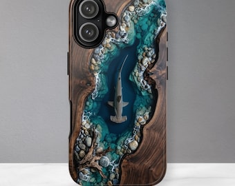 Hammerhead Shark Phone Case - Faux Wood Resin Ocean Design, Coastal Wildlife Case, iPhone 17 16 15, Samsung S26 S25, Pixel 9