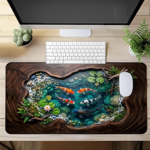 Tappetino da scrivania con pesci koi / Tappetino per mouse in resina effetto legno con laghetto di koi / Tappetino da gioco zen giapponese / Decorazione per scrivania da ufficio