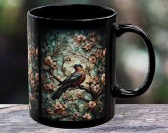 Vintage fågelmugg i målat glas - naturinspirerad blommig kaffekopp, present till fågelälskare, trädgårds- och bohemisk blomsterdekor, Cottagecore-stil