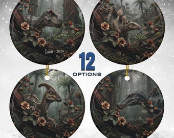 12 Dinosaur Ornament Collection | Faux Wood Woodland Dinosaur Christmas Tree Decor | Ceramic Prehistoric-Inspired Holiday Ornaments