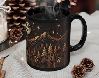 Mountain and Trees Mug Printed Carved Wood Effect Coffee Cup Woodgrain Mountains Pine Trees Design Rustic Nature Mug Wood Panel Look Tea Cup