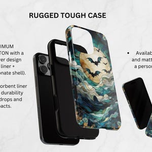 May include: A rugged phone case with a dual-layer design and shock-absorbent liner. The case features a design with bats flying in front of a full moon. Available in glossy and matte finishes.