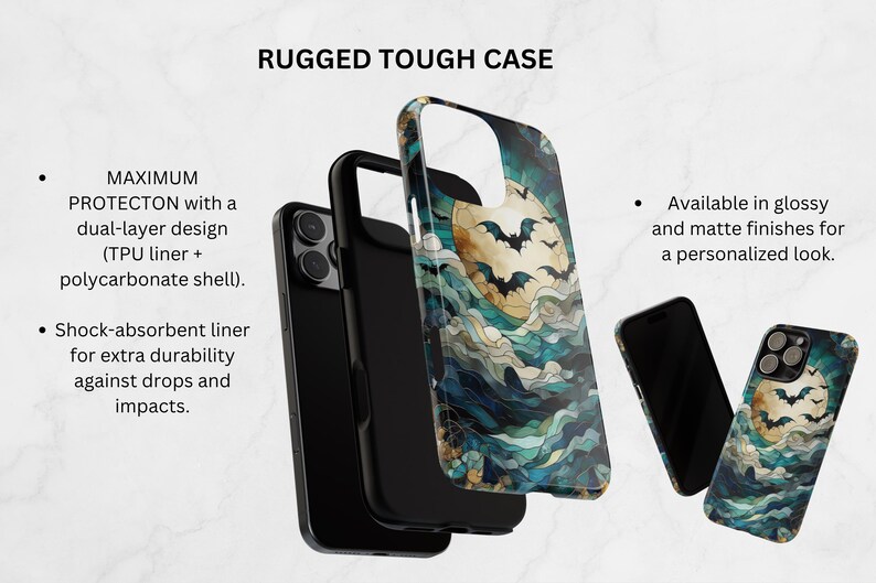 May include: A rugged phone case with a dual-layer design and shock-absorbent liner. The case features a design with bats flying in front of a full moon. Available in glossy and matte finishes.